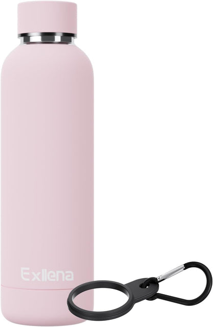 Exllena Slim Insulated Water Bottles for Travel 18oz with Clip, Double Wall Vacuum Stainless Steel Water Bottle Keeps Drinks Cold 24 Hrs/Hot 12 Hrs, 100% Leakproof, BPA Free(Black)