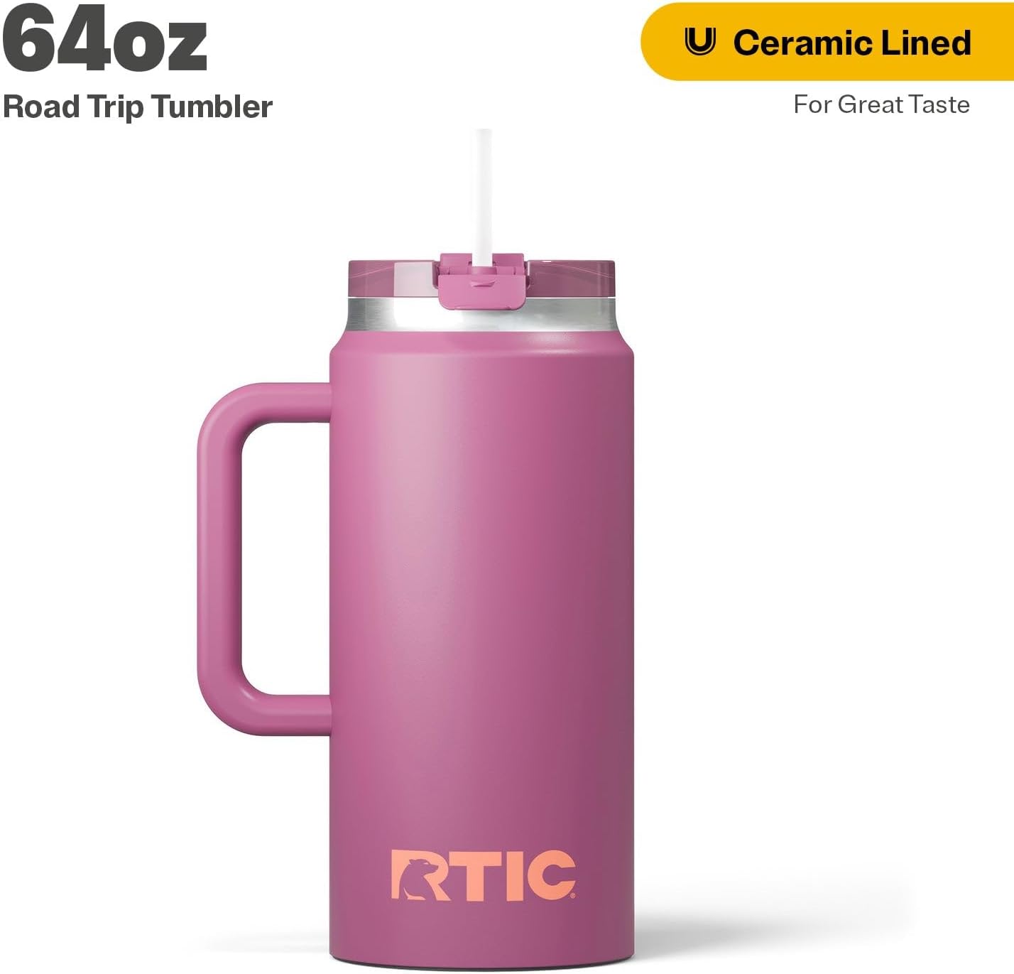 RTIC 64oz Road Trip Tumbler with Handle, Lid and Straw, Ceramic Lined, Insulated, Stainless Steel, Double Wall Vacuum-Insulation, Travel Cup, Cool Grey
