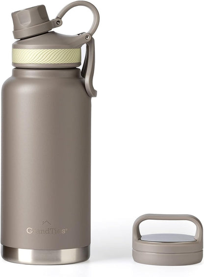 GRANDTIES 2 Lids Sports Stainless Steel Water Bottles – Wide Mouth Vacuum Insulated Reusable Leak Proof BPA-Free Travel Metal Canteen, Thermal Bottles for Men Women Gym (Ivory White 32 oz)