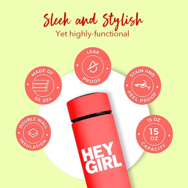 Hey Girl Tea Infuser Bottle 450ml - Insulated Stainless Steel Water Bottle - Tea Tumbler with Tea Diffuser - Portable Travel Mug for Loose Leaf Tea & Infused Water - Tea Lovers Gifts for Women (Pink)