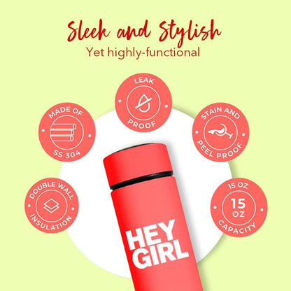 Hey Girl Tea Infuser Bottle 450ml - Insulated Stainless Steel Water Bottle - Tea Tumbler with Tea Diffuser - Portable Travel Mug for Loose Leaf Tea & Infused Water - Tea Lovers Gifts for Women (Pink)