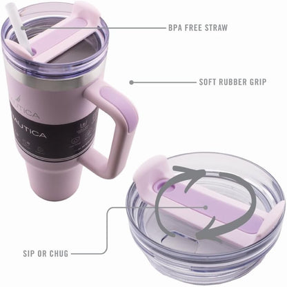Nautica 40oz Insulated Tumbler with Handle and Straw, Stainless Steel Double Wall Vacuum Travel Mug, Leak-Resistant 3-Way Lid, Keeps Cold for 24 Hours, Fits Car Cup Holders (NAVY)