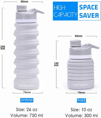 Nefeeko Collapsible Water Bottle, 26oz Silicone Foldable Water Bottles Leakproof BPA Free Travel Water Bottles with Carabiner, Portable Sport Water Bottles for Camping,Hiking Outdoor Indoor Sport