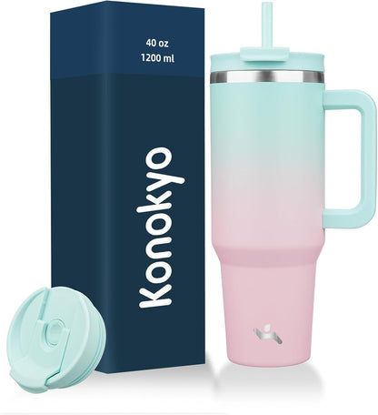 Konokyo 30 oz Tumbler with Handle and 2 Straws,2 in 1 Lid Insulated Water Bottle Stainless Steel Travel Coffee Mug,Sky