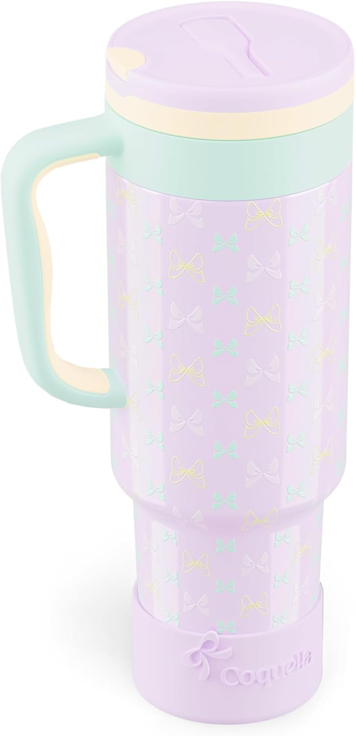 40 oz Insulated Tumbler with Handle and Push-Button Straw Lid, Stainless Steel Travel Cup for Gym Office, Leakproof, BPA-Free, Cup Holder Friendly, Bow Silicone Boot, Purple (Light Lilac)