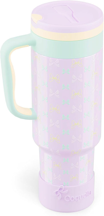 40 oz Insulated Tumbler with Handle and Push-Button Straw Lid, Stainless Steel Travel Cup for Gym Office, Leakproof, BPA-Free, Cup Holder Friendly, Bow Silicone Boot, Purple (Light Lilac)
