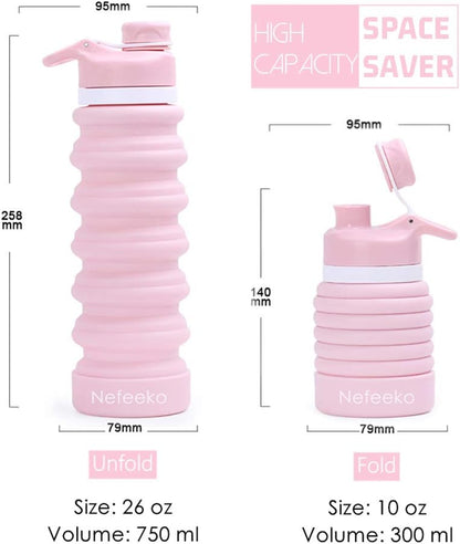 Nefeeko Collapsible Water Bottle, 26oz Silicone Foldable Water Bottles Leakproof BPA Free Travel Water Bottles with Carabiner, Portable Sport Water Bottles for Camping,Hiking Outdoor Indoor Sport