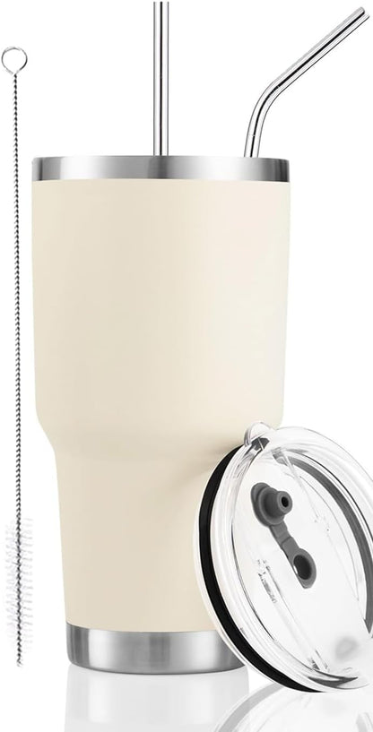 D·S 30oz Blue Tumbler Stainless Steel Double Wall Vacuum Insulated Mug with Straw and Lid, Cleaning Brush for Cold and Hot Beverages