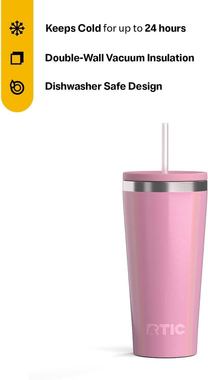 RTIC 20oz Everyday Tumbler Insulated Stainless Steel Portable Travel Coffee Cup with Straw, Ceramic Lining, Spill-Resistant Lid, BPA-Free, Hot and Cold Drink, Beach