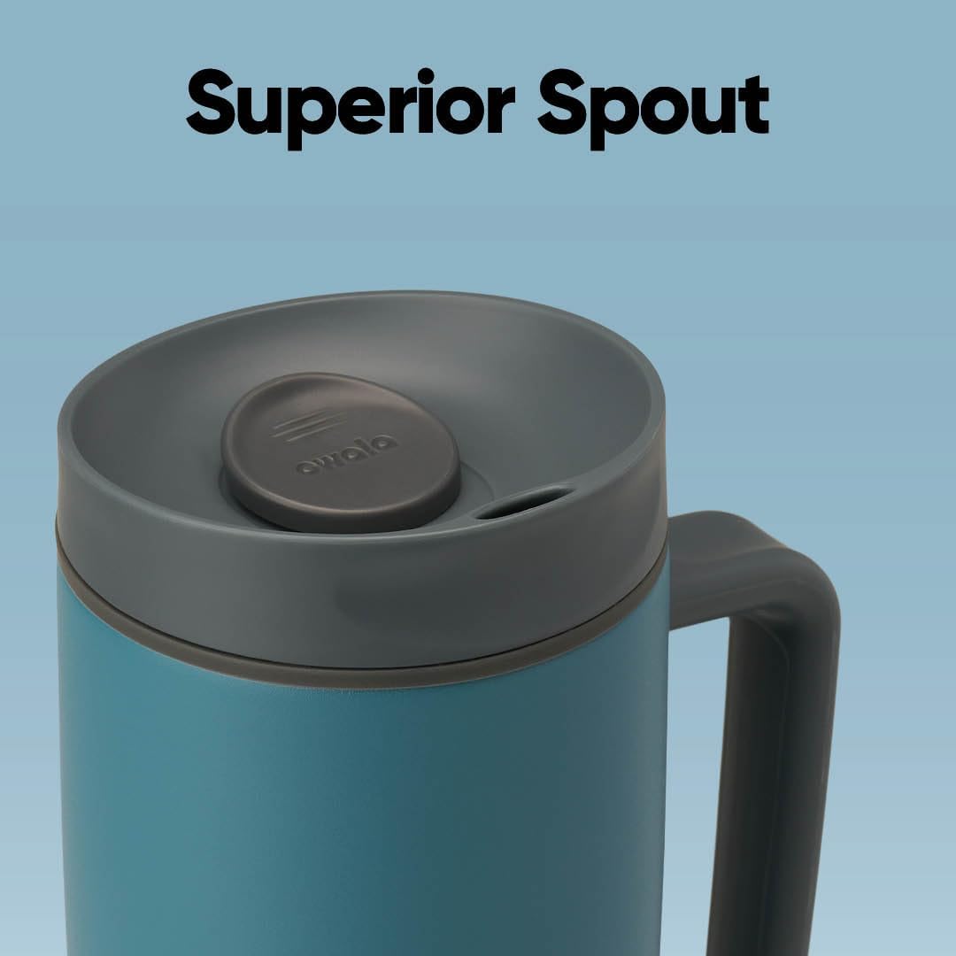 Owala SmoothSip Slider Insulated Stainless Steel Coffee Tumbler, Reusable Iced Coffee Cup, Hot Coffee Travel Mug, BPA Free 20 oz, Grey/Blue (High Dive)