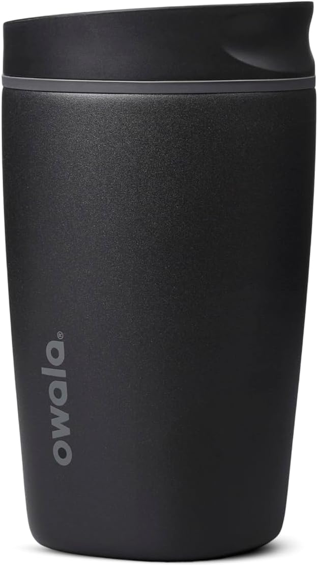 Owala SmoothSip Slider Ceramic-Lined Insulated Stainless Steel Coffee Tumbler, No Metallic Taste Reusable Travel Mug, Hot Iced Coffee Cup, BPA Free 20 oz, Very, Very Dark