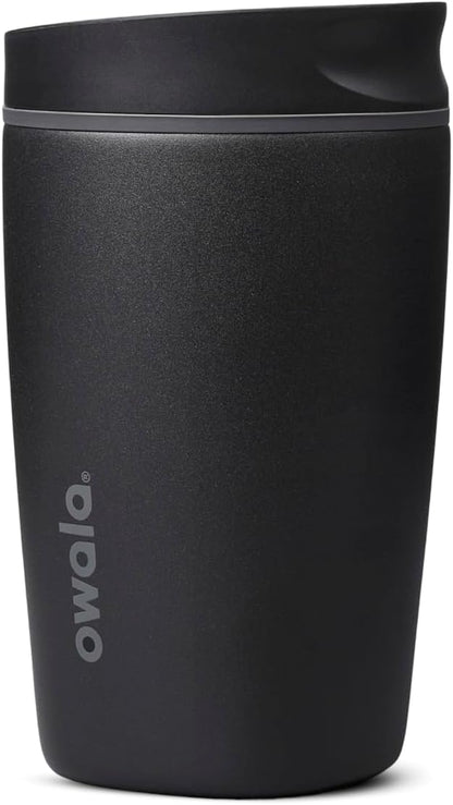 Owala SmoothSip Slider Ceramic-Lined Insulated Stainless Steel Coffee Tumbler, No Metallic Taste Reusable Travel Mug, Hot Iced Coffee Cup, BPA Free 20 oz, Very, Very Dark