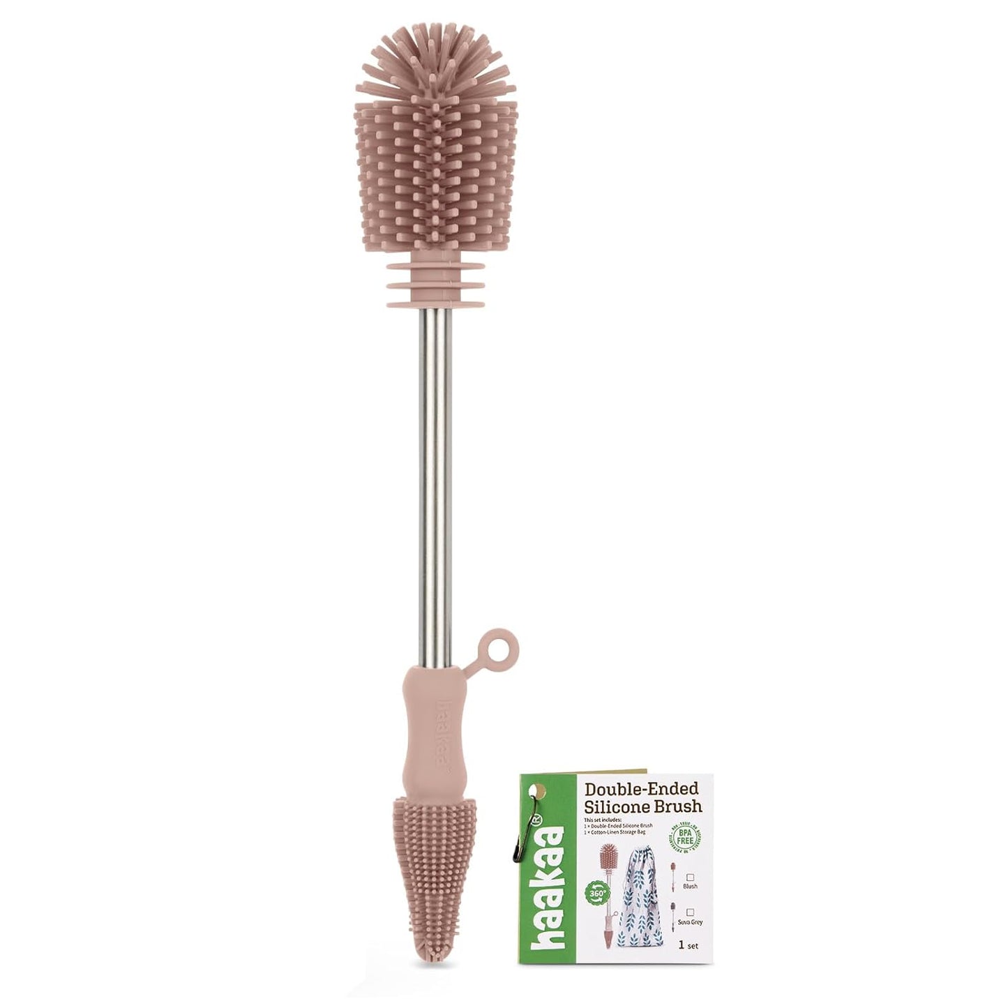 Haakaa Silicone Cleaning Brush for Baby Bottles and Crevices, Double-Ended Bottle Brush for Breast Pumps, Milk Collectors, Nipples and Breastmilk Storage Bags, Food-Grade Silicone, Pea Green, 1 Pack