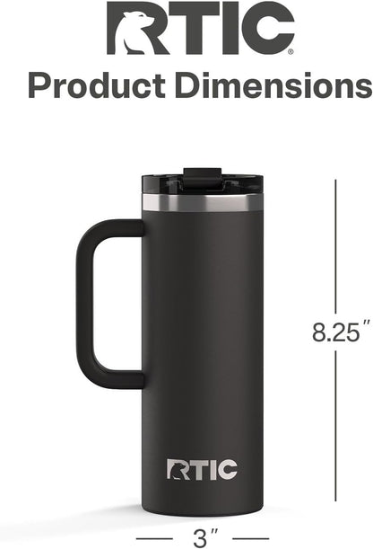 RTIC 20oz Road Trip Travel Mug with Lid and Handle, Ceramic Lined, Insulated, Stainless Steel, Metal, Double Wall Vacuum-Insulation, Portable Coffee, Tea Cup for Hot and Cold Drink, Black