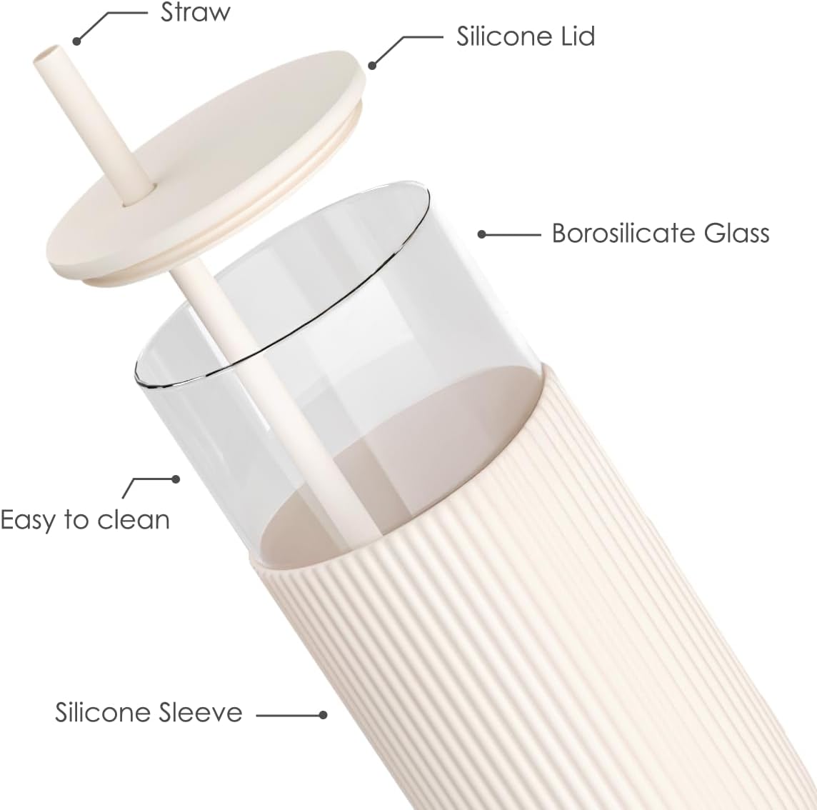 SANDJEST Glass Tumbler with Straw and Lid, Glass Water Bottle with Silicone Sleeve 20oz, Smoothie, Iced Coffee Cup, Gifts for Women Teen Girls Birthday Christmas (Cream)