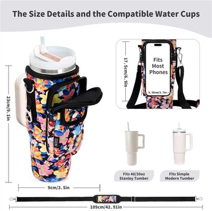 Water Bottle Holder with Strap for Stanley Cup 40/30oz, Insulated Neoprene Stanley Cup Holder with Strap for Tumbler with Handle Stanley Carrier Bag Cross-body Bag for Walking