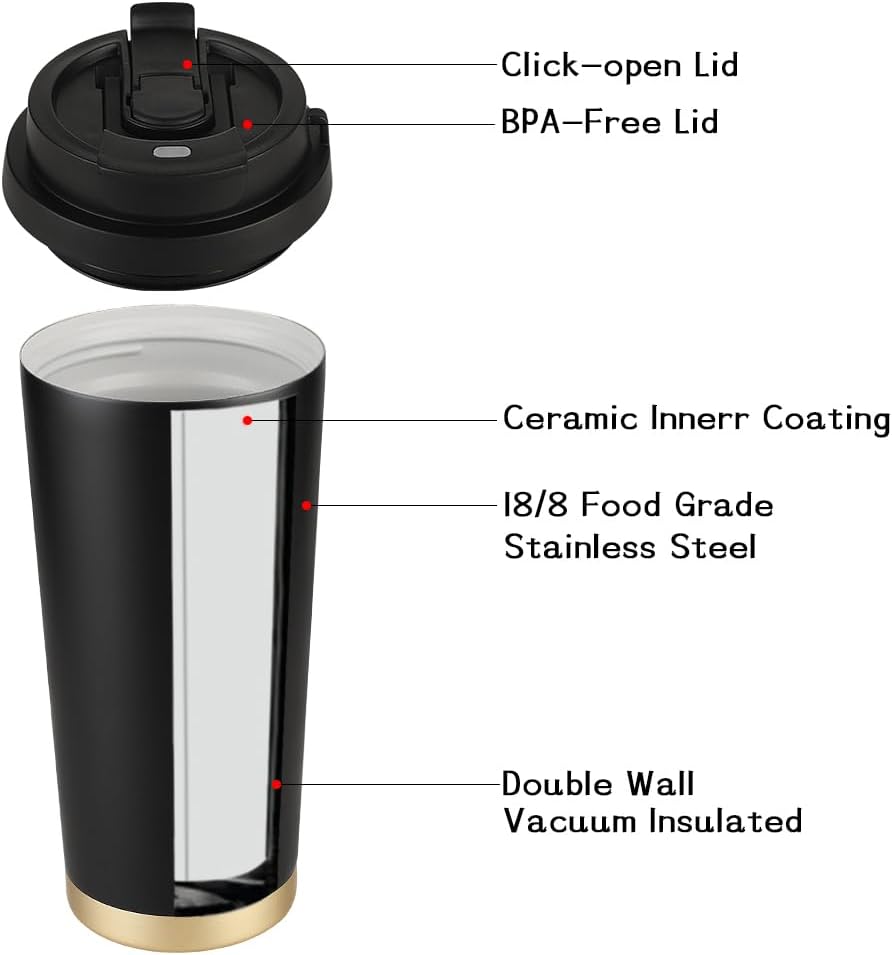 Funkrin Coffee Travel Mug with Straw & Flip Lid, 16oz Insulated Tumbler Cup with Ceramic Coating, Double Wall Vacuum Leak-Proof Mug for Office School Party Camping