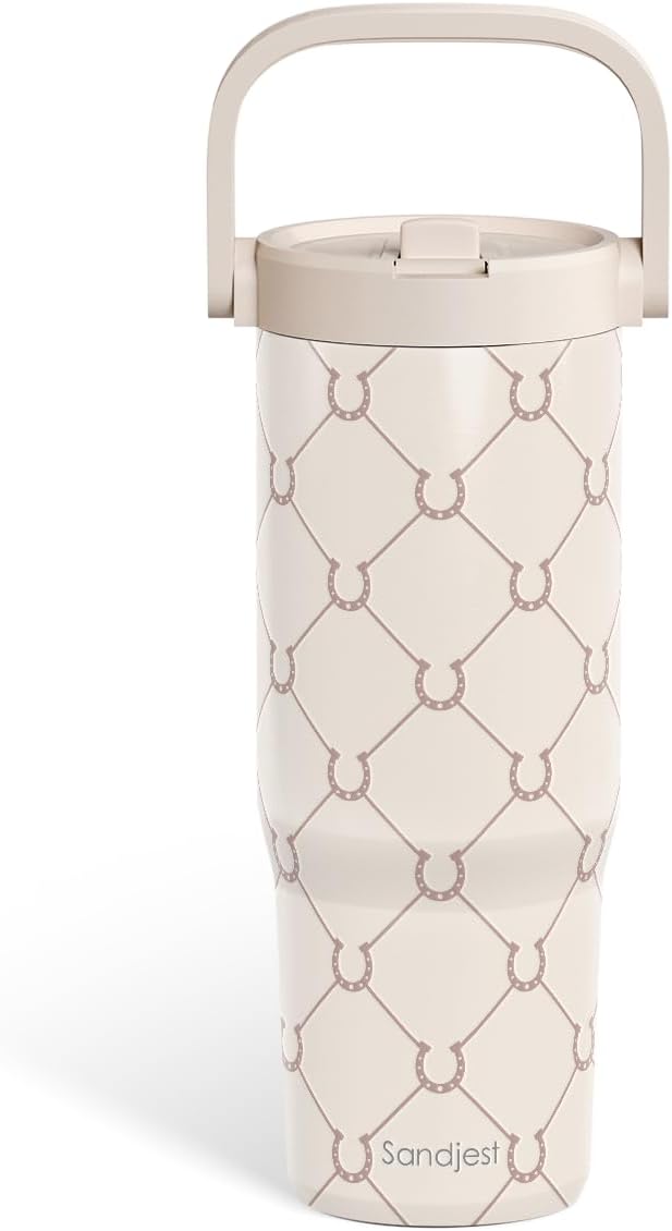 SANDJEST Leopard Skin Stainless Steel Straw Lid Tumbler 30oz with Carry Handle for Women Girls, Insulated Travel Coffee Cup, Gift for Sports Outdoor Workout Christmas Birthday (Beige)
