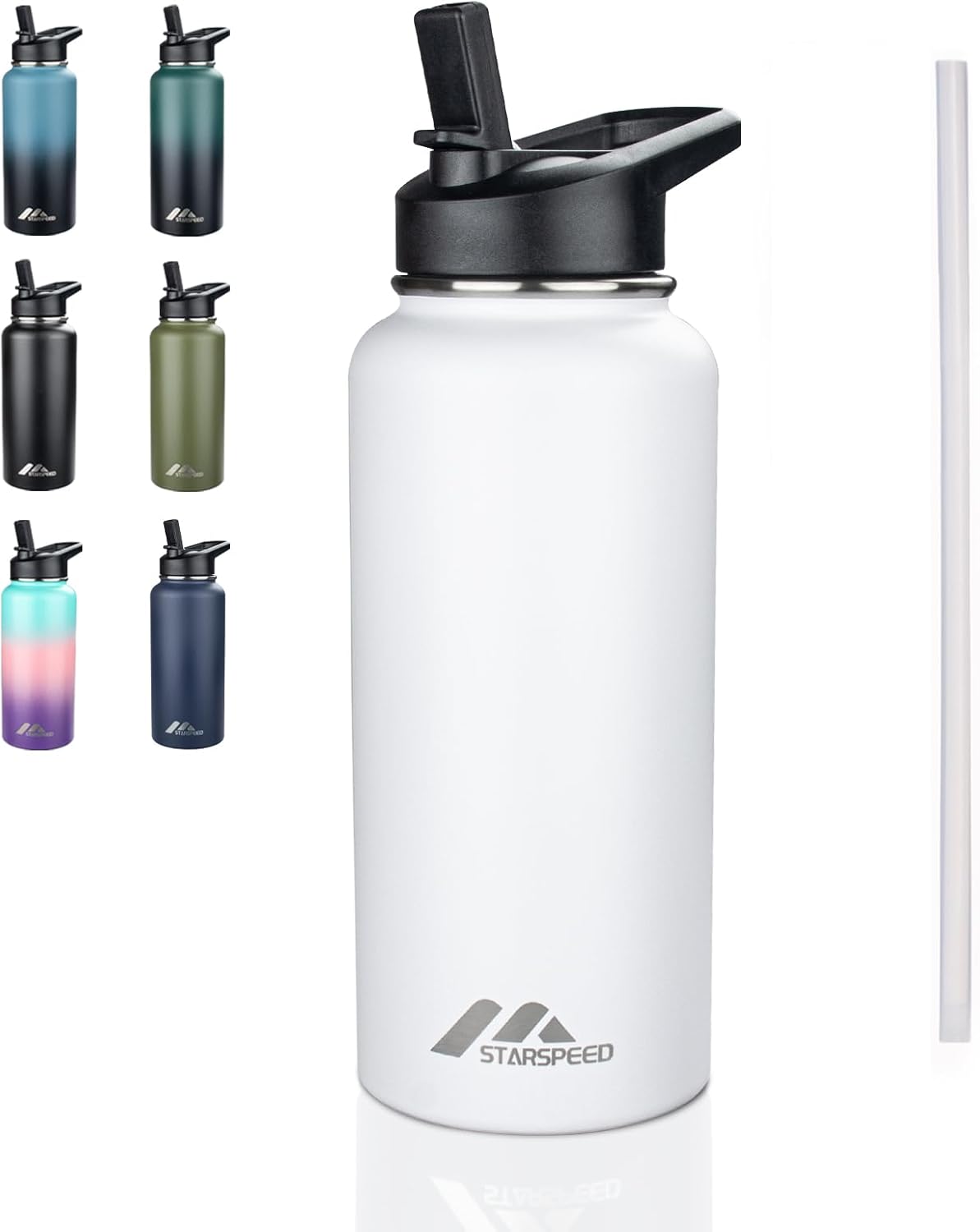 StarSpeed 32oz Insulated Water Bottle with Straw Lid, Stainless Steel Double Walled Vacuum Water Flask, Wide Mouth Sports Water Bottle for Gym Camping Hiking, Indigo Black