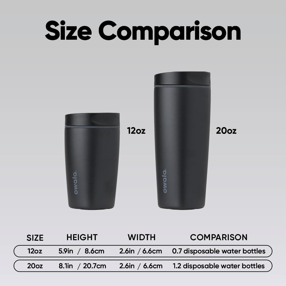 Owala SmoothSip Slider Ceramic-Lined Insulated Stainless Steel Coffee Tumbler, No Metallic Taste Reusable Travel Mug, Hot Iced Coffee Cup, BPA Free 20 oz, Very, Very Dark