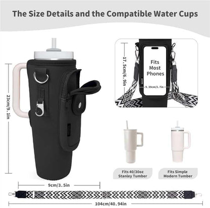 Water Bottle Holder with Strap for Stanley Cup 40/30oz, Insulated Neoprene Stanley Cup Holder with Strap for Tumbler with Handle Stanley Carrier Bag Cross-body Bag for Walking