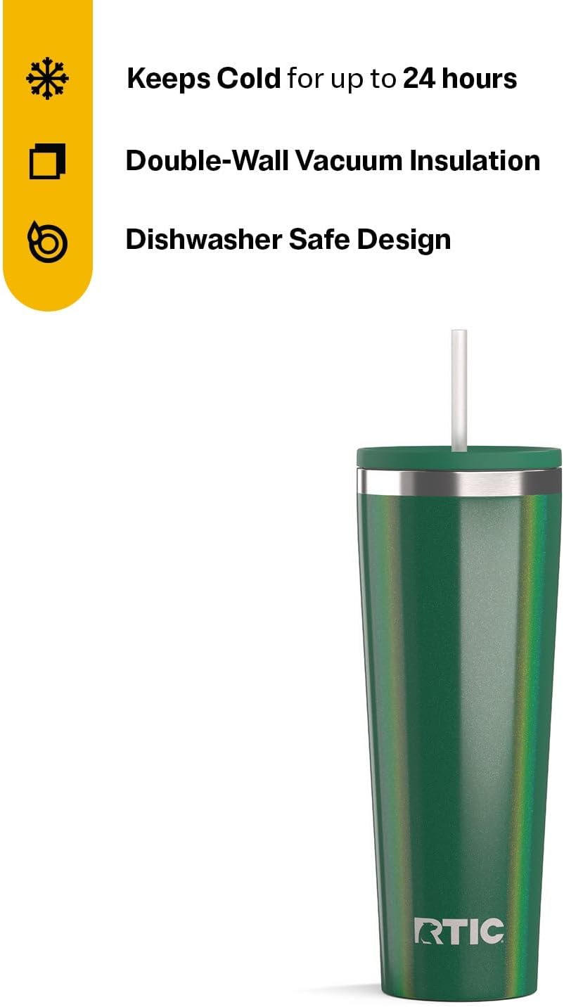 RTIC 20oz Everyday Tumbler Insulated Stainless Steel Portable Travel Coffee Cup with Straw, Ceramic Lining, Spill-Resistant Lid, BPA-Free, Hot and Cold Drink, Beach