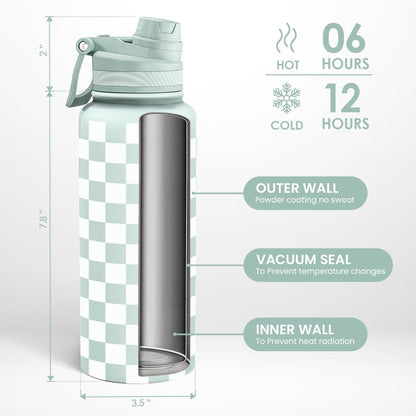 SANDJEST Pickleball Stainless Steel Water Bottle with Strap 32oz, Insulated Bottles with Straw and Spout Lid for Gym Sports Travel Outdoor, Gifts for Women Girls Birthday Christmas