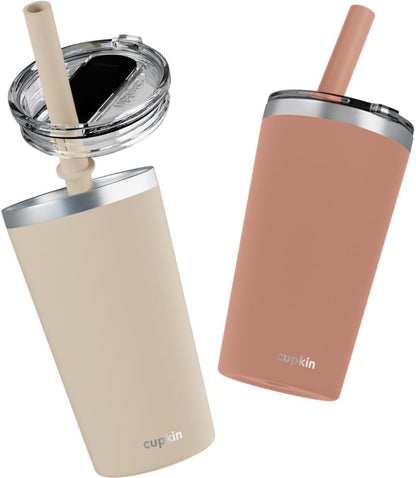 CUPKIN Stainless Steel Insulated Tumbler with Lid and Straw, 20 oz Stainless Steel Cups, Set of 2 Travel Coffee Mug for Adults, Iced Coffee Cup with Lid, Tumbler for Travel (Coral + Yellow)