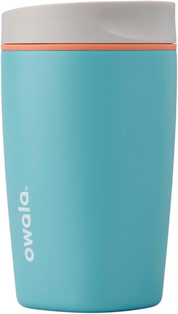 Owala SmoothSip Slider Insulated Stainless Steel Coffee Tumbler, Reusable Iced Coffee Cup, Hot Coffee Travel Mug, BPA Free 20 oz, Grey/Blue (High Dive)
