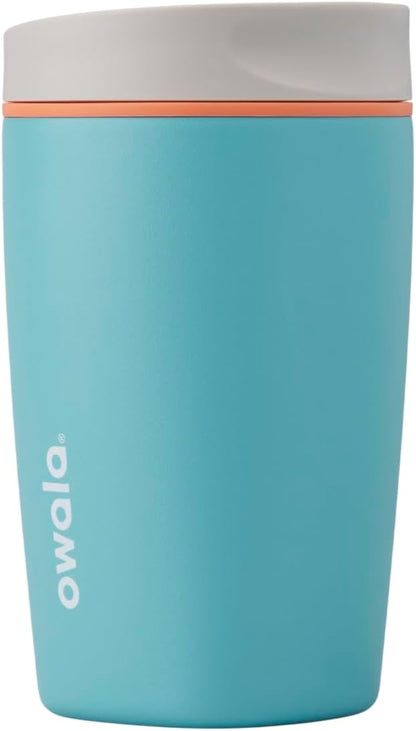 Owala SmoothSip Slider Insulated Stainless Steel Coffee Tumbler, Reusable Iced Coffee Cup, Hot Coffee Travel Mug, BPA Free 20 oz, Grey/Blue (High Dive)