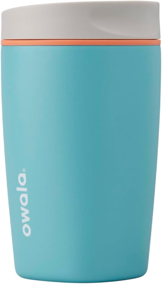 Owala SmoothSip Slider Insulated Stainless Steel Coffee Tumbler, Reusable Iced Coffee Cup, Hot Coffee Travel Mug, BPA Free 20 oz, Grey/Blue (High Dive)
