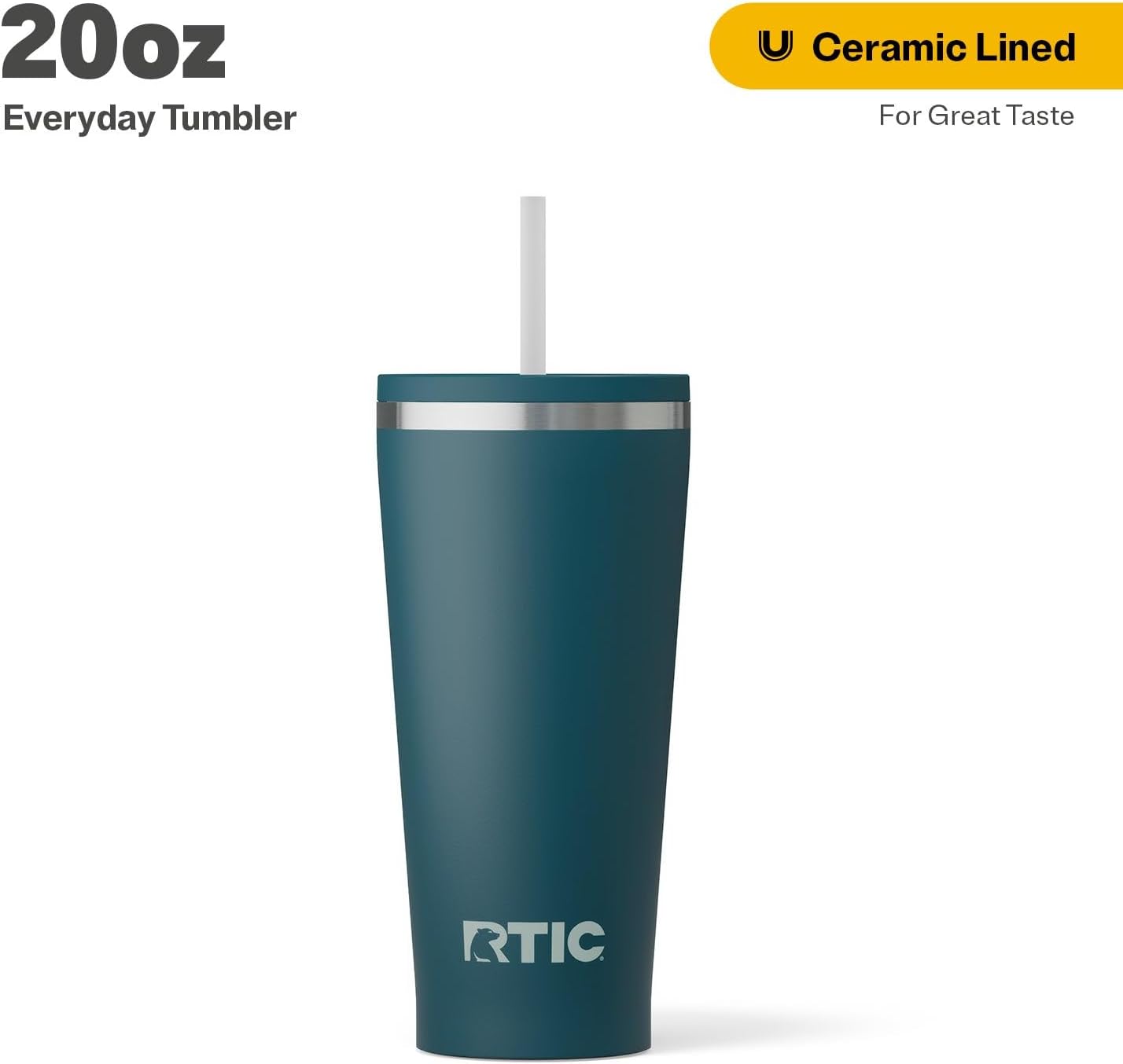 RTIC 20oz Everyday Tumbler Insulated Stainless Steel Portable Travel Coffee Cup with Straw, Ceramic Lining, Spill-Resistant Lid, BPA-Free, Hot and Cold Drink, Beach
