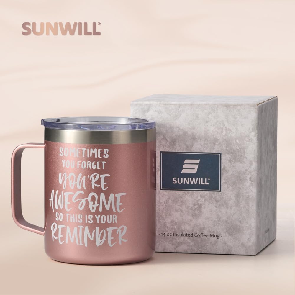 SUNWILL Travel Coffee Mug with Lid, Insulated Tumbler with Handle, 14 oz Stainless Steel Cup for Ice, Water, Tea, Rose Gold