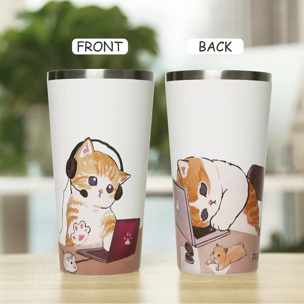 Funkrin Insulated Coffee Mug with Ceramic Coating, 16oz Iced Coffee Tumbler Cup with Flip Lid and Handle, Double Wall Vacuum Leak-Proof Travel Mug for Office School Party Camping