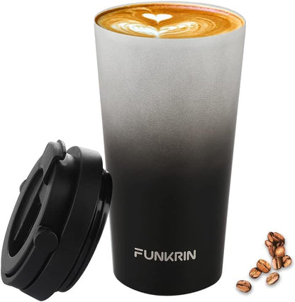 Funkrin Insulated Coffee Mug with Ceramic Coating, 16oz Iced Coffee Tumbler Cup with Flip Lid and Handle, Double Wall Vacuum Leak-Proof Travel Mug for Office School Party Camping
