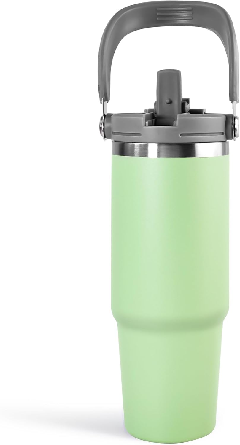 30 oz Tumbler with Handle and Straw Lid, Double Walled Vacuum Insulated Water Bottle Leakproof Tumbler Travel Coffee Mug Thermal Cup, Cupholder Friendly for Office, Home, Sport, Pink