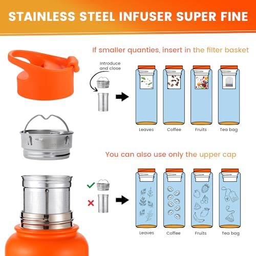 Lexlion Tea Infuser Water Bottle 32 Oz – Triple Wall Insulated Stainless Steel, Loose Leaf & Fruit Strainer, 3 Leakproof Lids, BPA-Free Silicone Sleeve, Reusable Thermal Mug