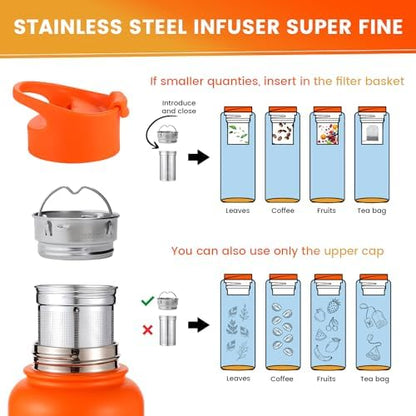 Lexlion Tea Infuser Water Bottle 32 Oz – Triple Wall Insulated Stainless Steel, Loose Leaf & Fruit Strainer, 3 Leakproof Lids, BPA-Free Silicone Sleeve, Reusable Thermal Mug