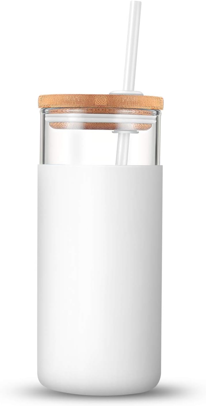 Tronco 20 oz Glass Tumbler with Lid and Straw, Iced Coffee Cup and Smoothie Cup with Bamboo Lids & Protective Silicone Sleeve, Dishwasher Safe, BPA-Free, Glass Cup 1 Pack - Colors A