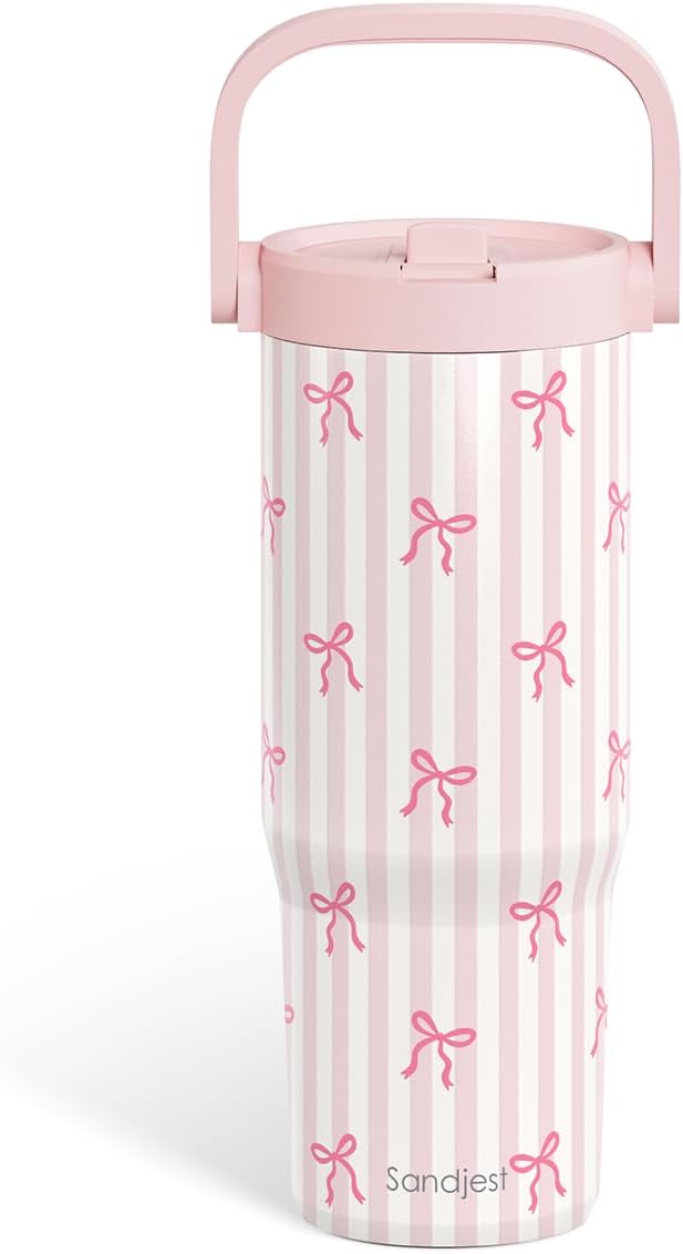 SANDJEST Leopard Skin Stainless Steel Straw Lid Tumbler 30oz with Carry Handle for Women Girls, Insulated Travel Coffee Cup, Gift for Sports Outdoor Workout Christmas Birthday (Beige)
