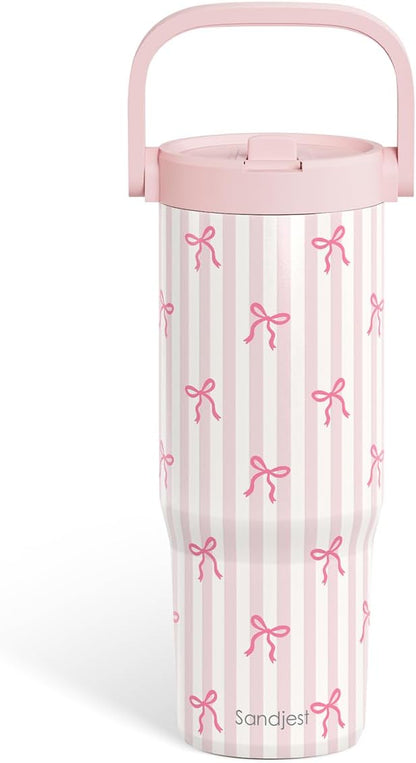 SANDJEST Leopard Skin Stainless Steel Straw Lid Tumbler 30oz with Carry Handle for Women Girls, Insulated Travel Coffee Cup, Gift for Sports Outdoor Workout Christmas Birthday (Beige)