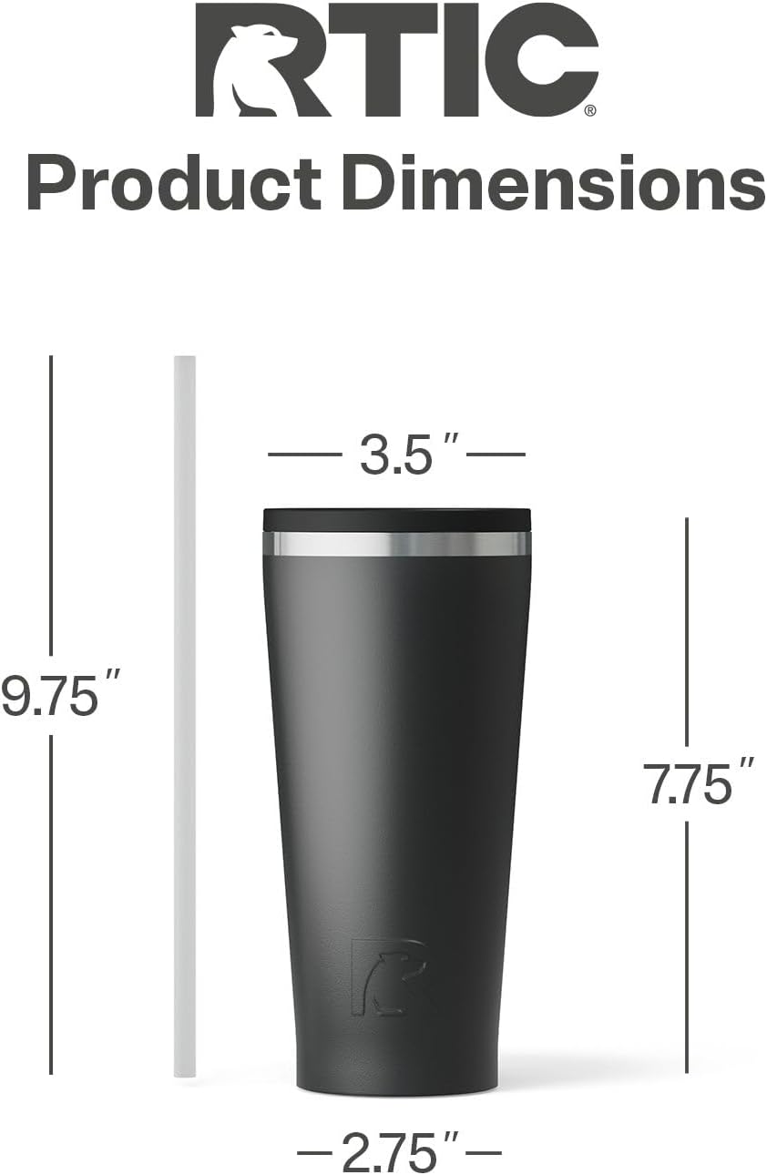 RTIC 20oz Everyday Tumbler Insulated Stainless Steel Portable Travel Coffee Cup with Straw, Ceramic Lining, Spill-Resistant Lid, BPA-Free, Hot and Cold Drink, Beach