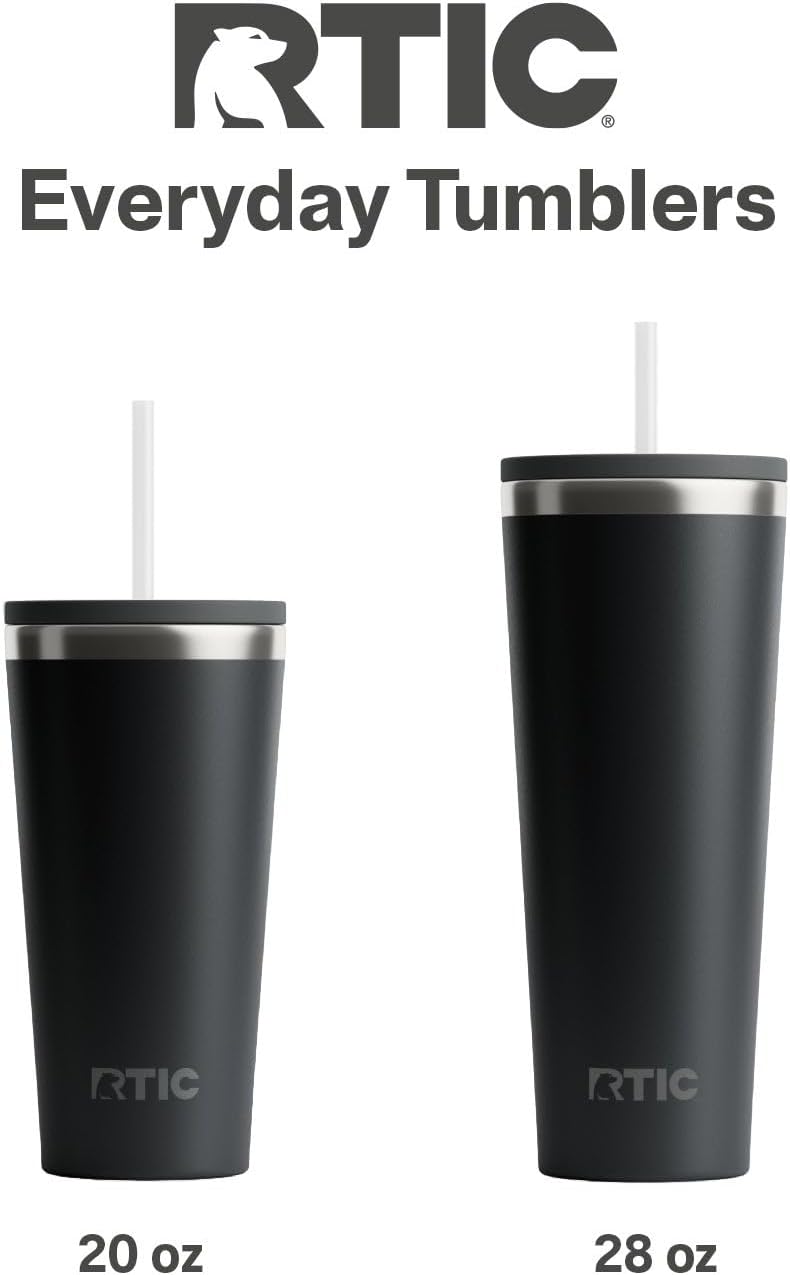 RTIC 20oz Everyday Tumbler Insulated Stainless Steel Portable Travel Coffee Cup with Straw, Ceramic Lining, Spill-Resistant Lid, BPA-Free, Hot and Cold Drink, Beach