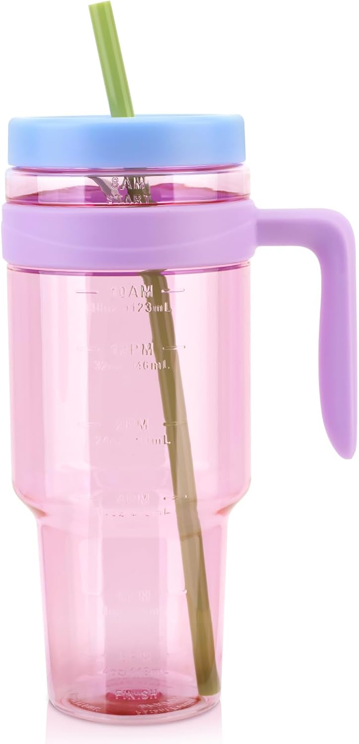 50 oz Tritan Plastic Tumbler with Lid and Straw | Leak-Proof BPA-Free Clear Tumbler with Time Marker | Reusable Travel Mug for Camping, Sports, Office, Road Trips, Parties | Wide Mouth