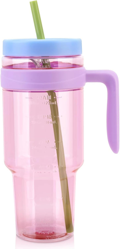 50 oz Tritan Plastic Tumbler with Lid and Straw | Leak-Proof BPA-Free Clear Tumbler with Time Marker | Reusable Travel Mug for Camping, Sports, Office, Road Trips, Parties | Wide Mouth