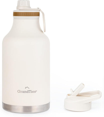 GRANDTIES 2 Lids Sports Stainless Steel Water Bottles – Wide Mouth Vacuum Insulated Reusable Leak Proof BPA-Free Travel Metal Canteen, Thermal Bottles for Men Women Gym (Ivory White 32 oz)