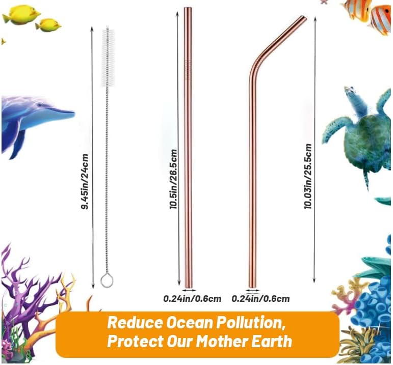 VEHHE Metal Straws Stainless Steel Straws Drinking Straws Reusable - 10.5" Ultra Long 4 + 1 - W/Cleaning Brush for 20/30 Oz for Yeti RTIC SIC Ozark Trail Tumblers (2 Straight|2 Bent|1 Brush)