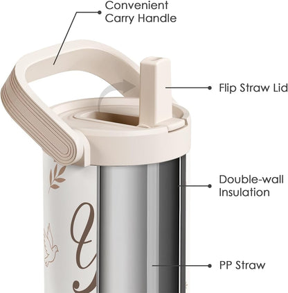 SANDJEST Leopard Skin Stainless Steel Straw Lid Tumbler 30oz with Carry Handle for Women Girls, Insulated Travel Coffee Cup, Gift for Sports Outdoor Workout Christmas Birthday (Beige)