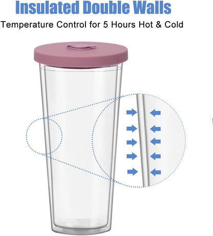 2 Pack Reusable Boba Tea Cups, 24oz Iced Coffee Cup with Straw and Lid, Leakproof Clear Plastic Cups Tumbler, Double Wall Insulated Smoothie Tumbler, Wide Straw for Bubble Tea, Black and White