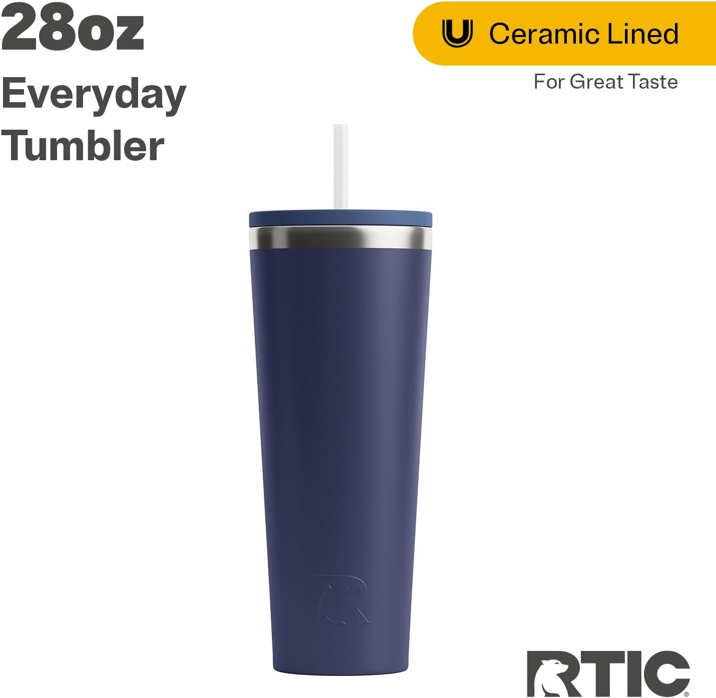 RTIC 20oz Everyday Tumbler Insulated Stainless Steel Portable Travel Coffee Cup with Straw, Ceramic Lining, Spill-Resistant Lid, BPA-Free, Hot and Cold Drink, Beach